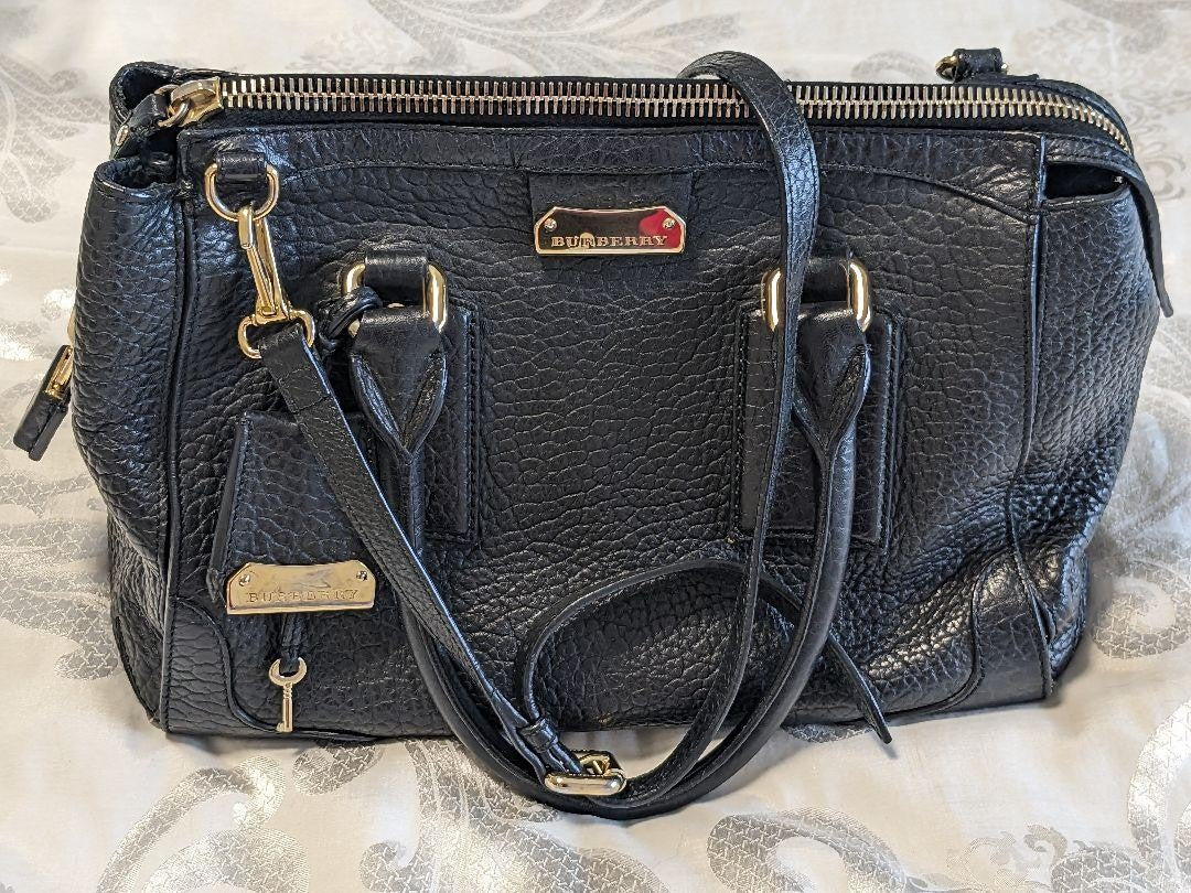 BURBERRY Hand Bag Tote Purse Leather Black Authentic
