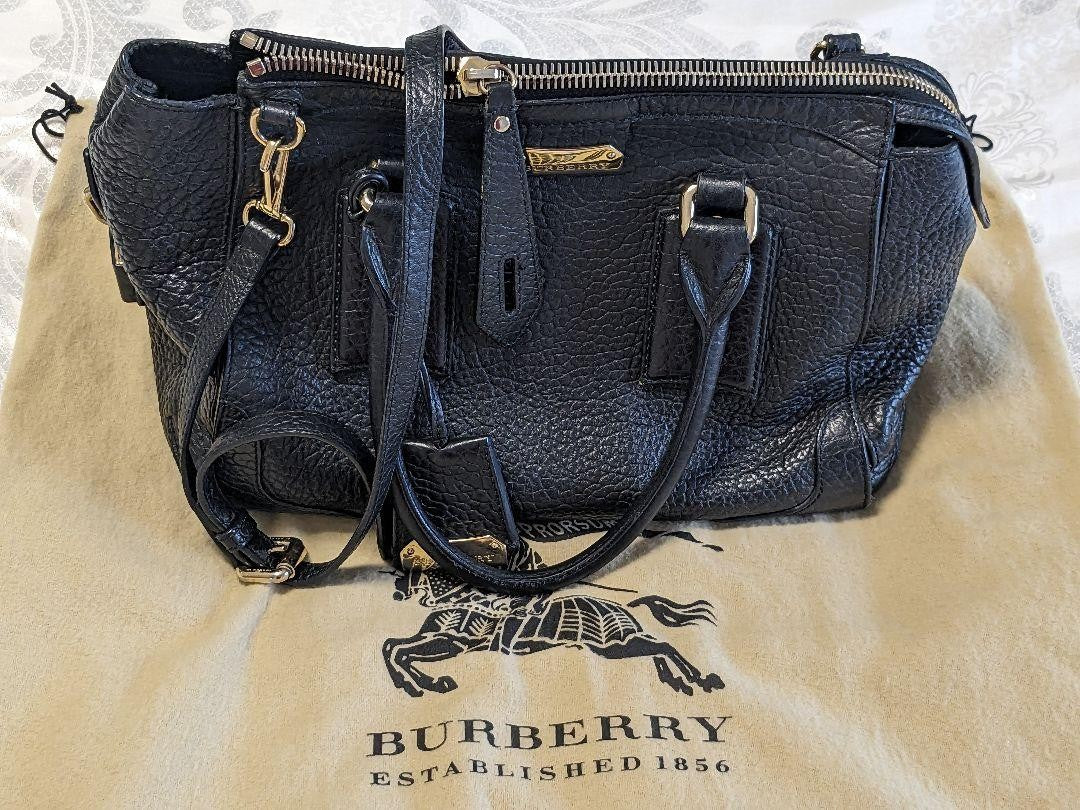 BURBERRY Hand Bag Tote Purse Leather Black Authentic