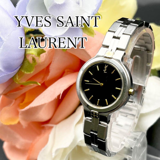 Saint Laurent Quartz Watch Wristwatch YSL Cassandra Black Silver Women's Auth