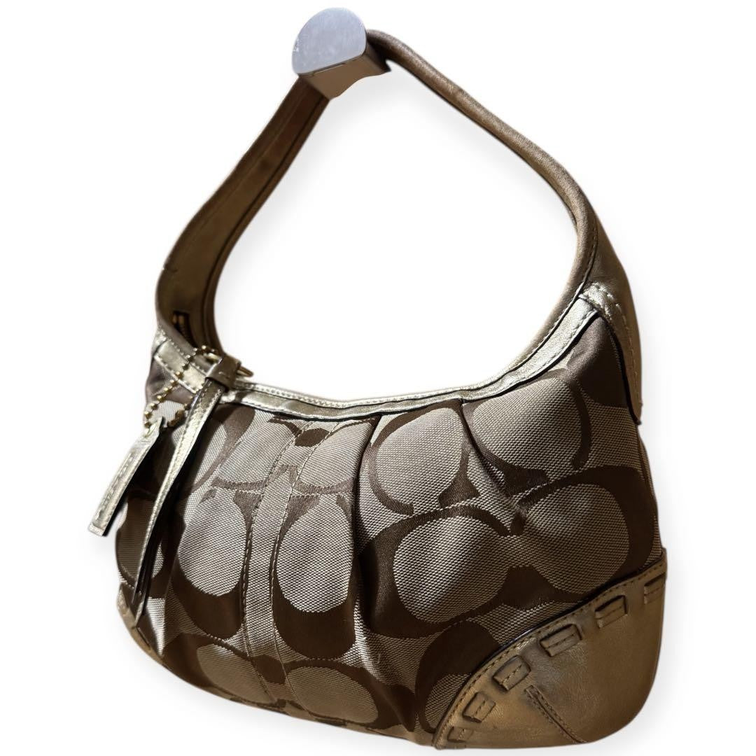 COACH Shoulder Bag Purse Signature Leather Canvas Beige Gold Authentic