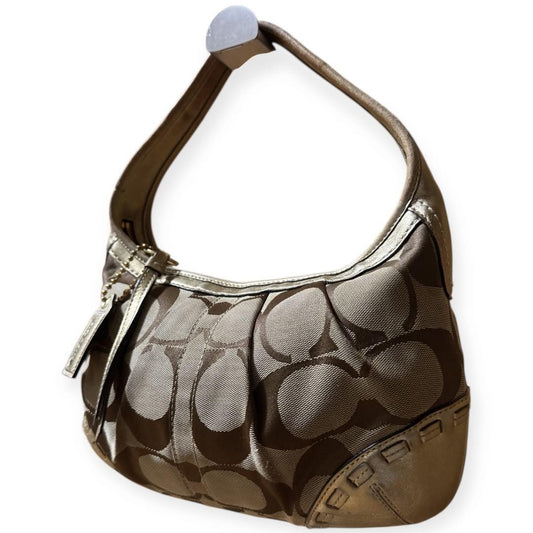 COACH Shoulder Bag Purse Signature Leather Canvas Beige Gold Authentic