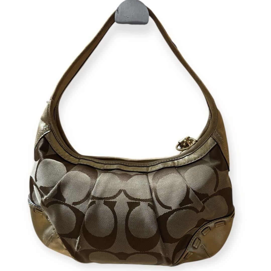 COACH Shoulder Bag Purse Signature Leather Canvas Beige Gold Authentic