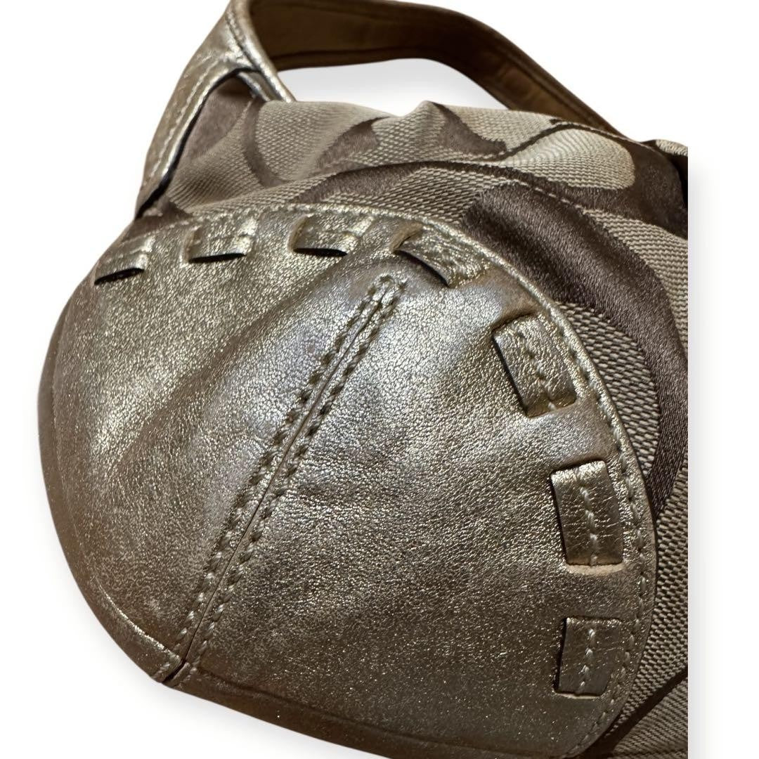 COACH Shoulder Bag Purse Signature Leather Canvas Beige Gold Authentic