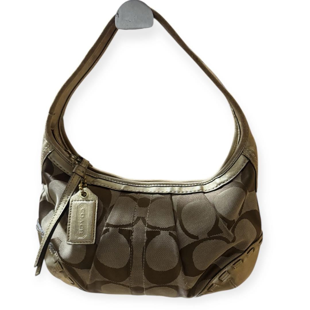 COACH Shoulder Bag Purse Signature Leather Canvas Beige Gold Authentic