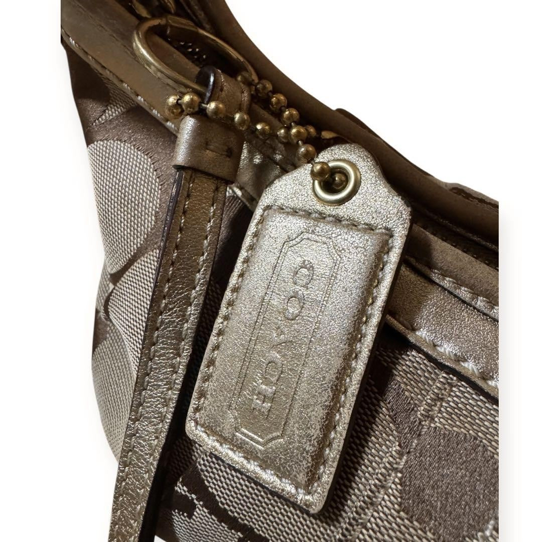COACH Shoulder Bag Purse Signature Leather Canvas Beige Gold Authentic