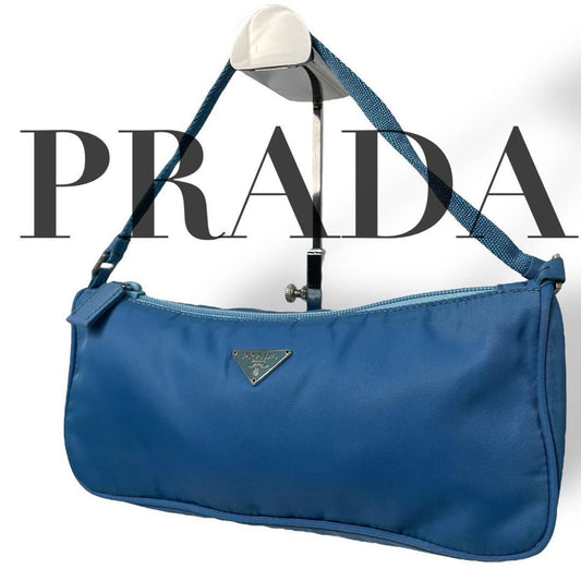 PRADA Accessory Pouch Hand Bag Tote Purse Logo Nylon Blue Authentic