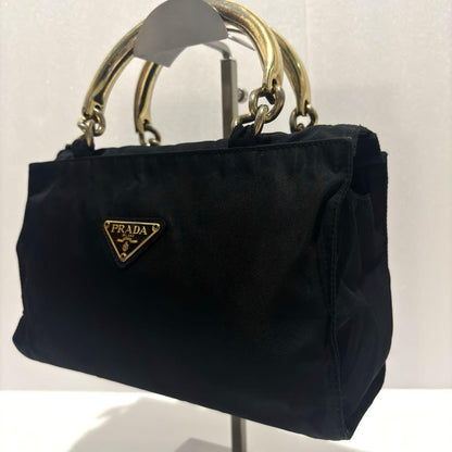 PRADA Hand Bag Tote Purse Logo Nylon Black Authentic