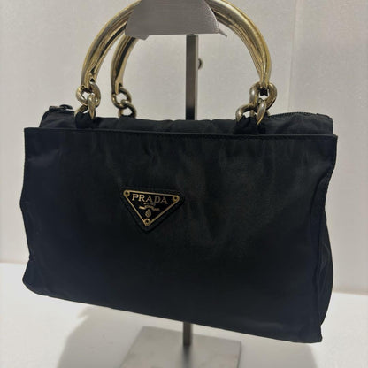 PRADA Hand Bag Tote Purse Logo Nylon Black Authentic