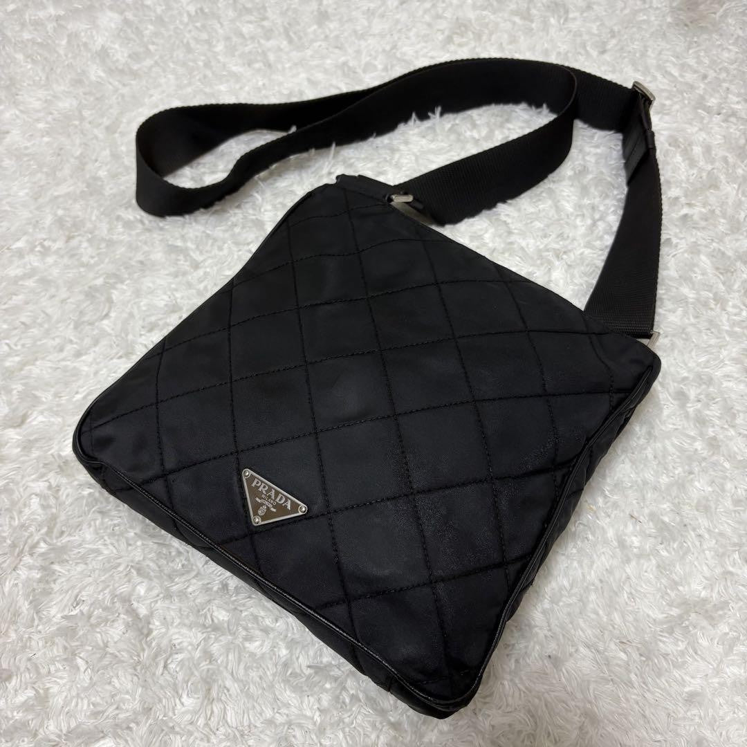 PRADA Shoulder Bag Purse Logo Nylon Leather Black Authentic