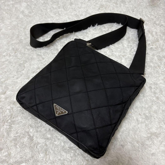 PRADA Shoulder Bag Purse Logo Nylon Leather Black Authentic