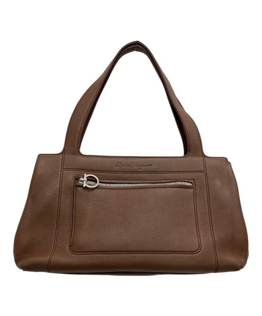 Salvatore Ferragamo Hand Bag Tote Purse Gancini Leather Brown Authentic