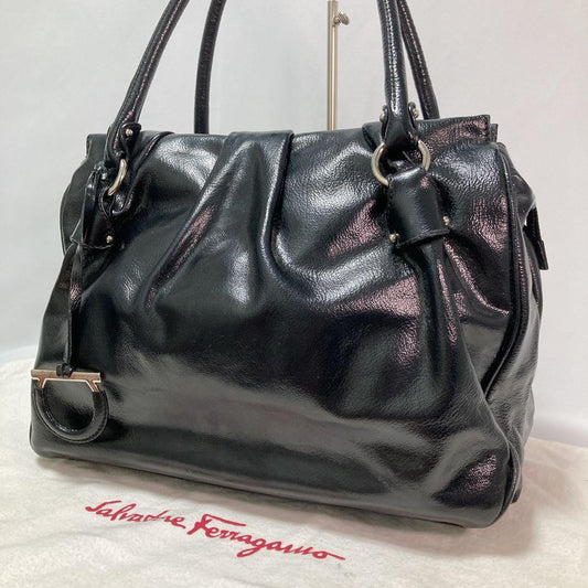 Salvatore Ferragamo Hand Bag Tote Purse Gancini Patent Leather Black Authentic