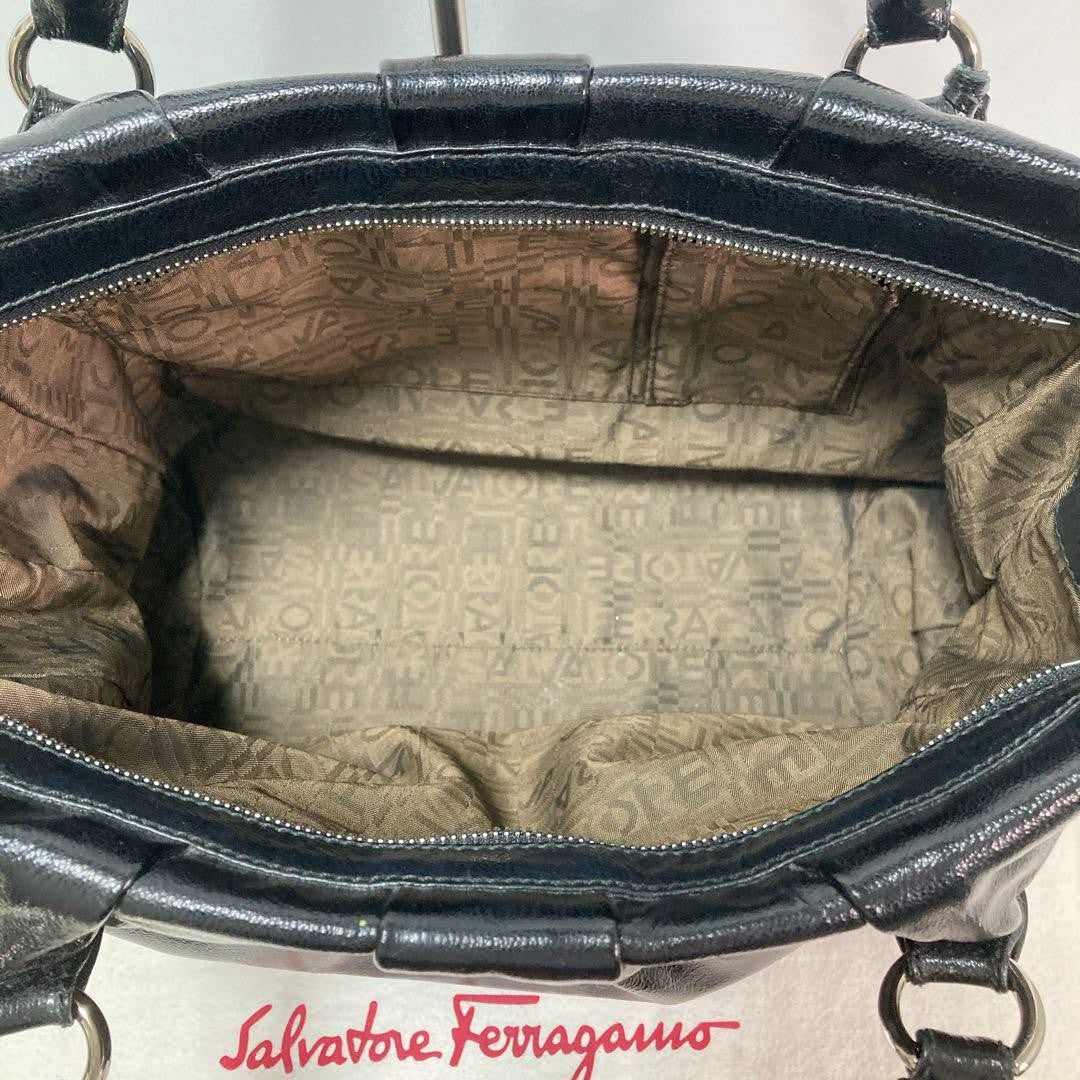 Salvatore Ferragamo Hand Bag Tote Purse Gancini Patent Leather Black Authentic