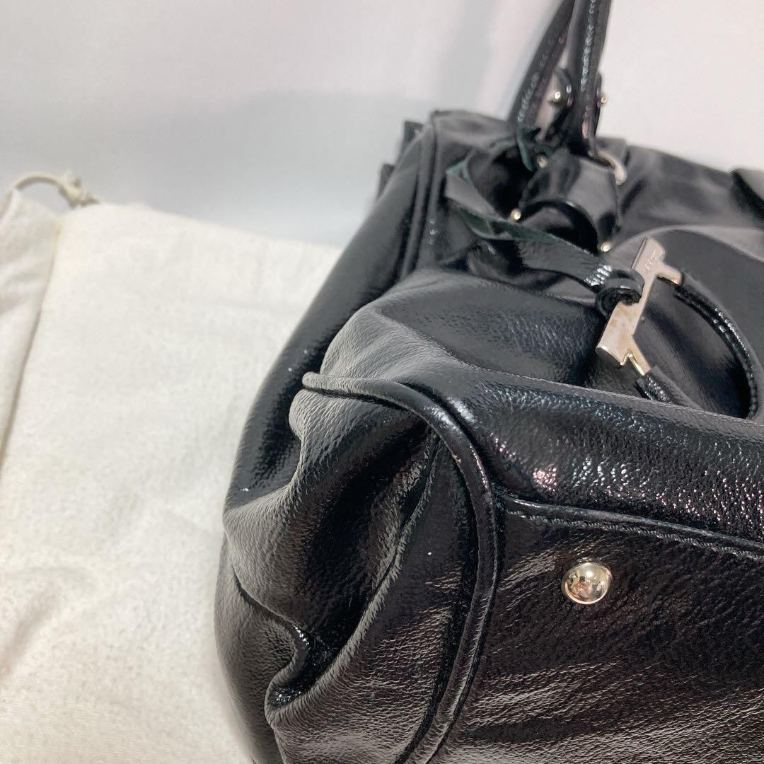 Salvatore Ferragamo Hand Bag Tote Purse Gancini Patent Leather Black Authentic