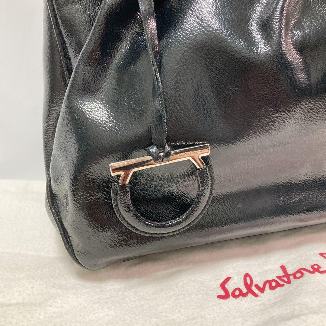 Salvatore Ferragamo Hand Bag Tote Purse Gancini Patent Leather Black Authentic
