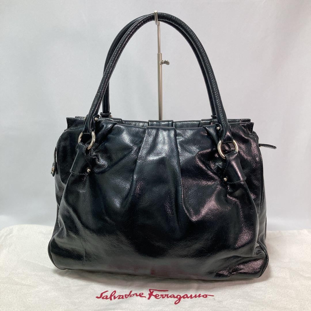 Salvatore Ferragamo Hand Bag Tote Purse Gancini Patent Leather Black Authentic