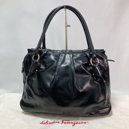Salvatore Ferragamo Hand Bag Tote Purse Gancini Patent Leather Black Authentic