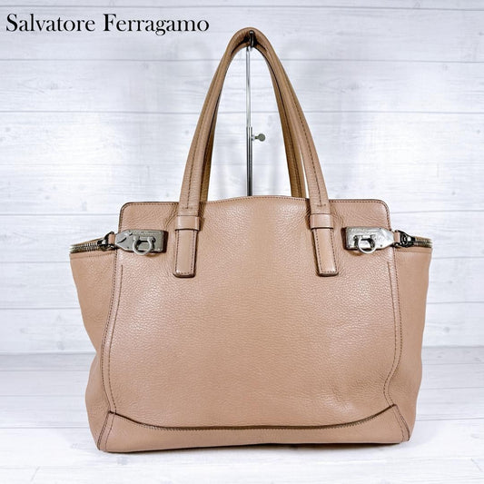 Salvatore Ferragamo Hand Bag Tote Purse Gancini Leather Pink Beige Authentic