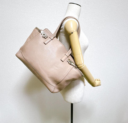 Salvatore Ferragamo Hand Bag Tote Purse Gancini Leather Pink Beige Authentic