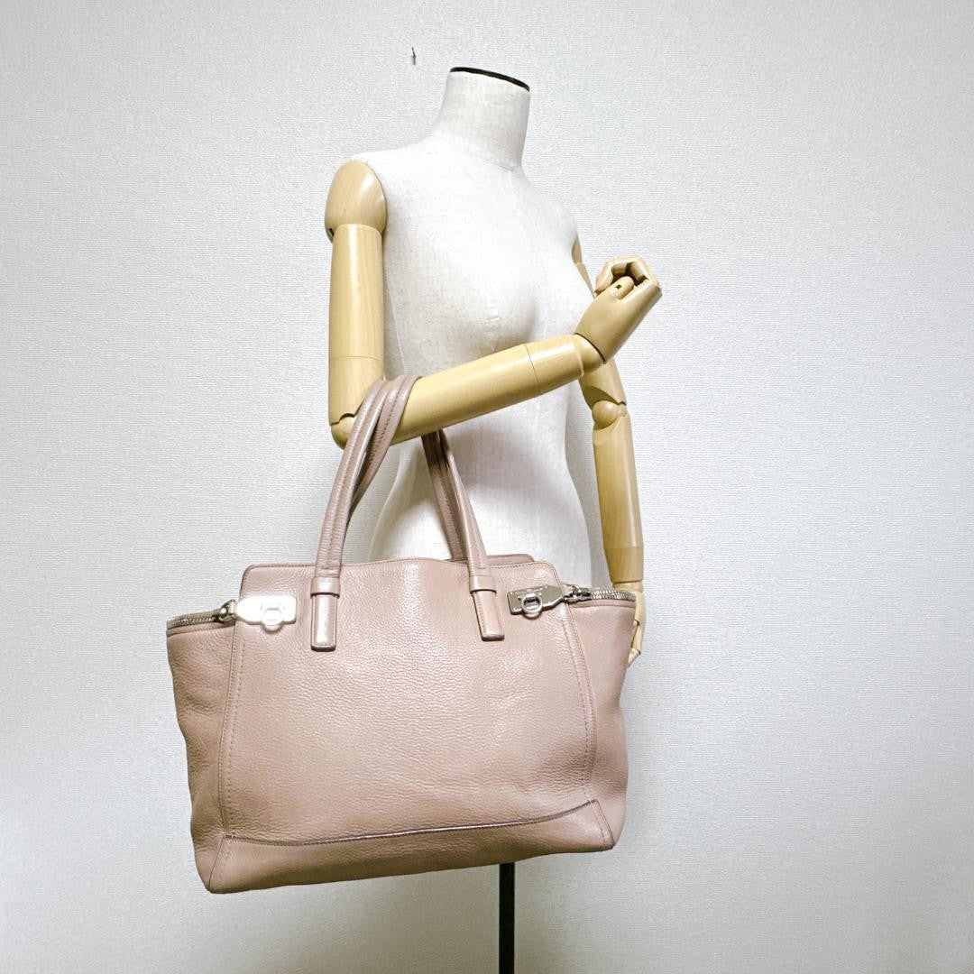 Salvatore Ferragamo Hand Bag Tote Purse Gancini Leather Pink Beige Authentic