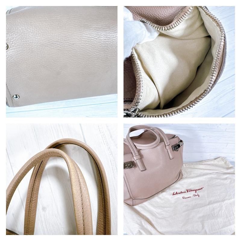 Salvatore Ferragamo Hand Bag Tote Purse Gancini Leather Pink Beige Authentic