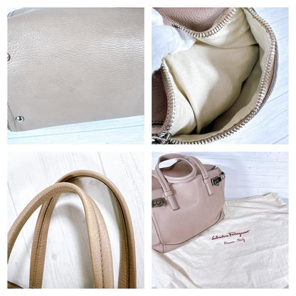 Salvatore Ferragamo Hand Bag Tote Purse Gancini Leather Pink Beige Authentic