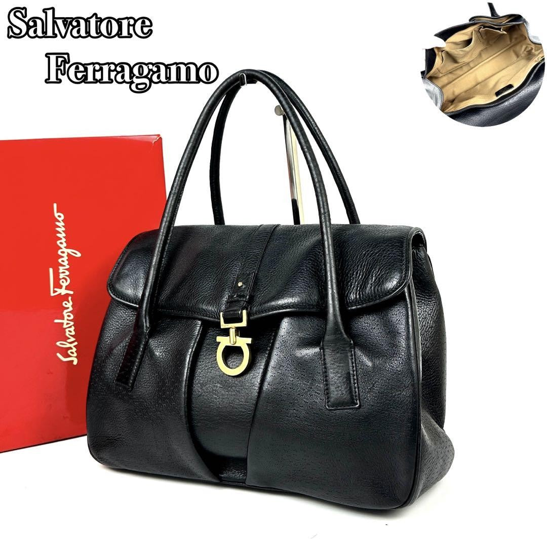 Salvatore Ferragamo Hand Bag Tote Purse Gancini Leather Black Authentic