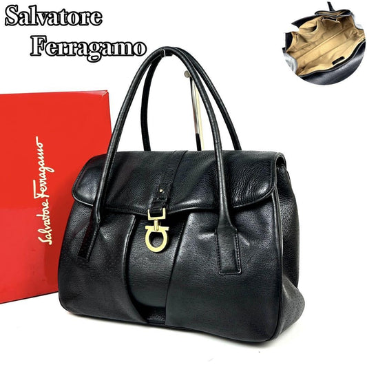Salvatore Ferragamo Hand Bag Tote Purse Gancini Leather Black Authentic