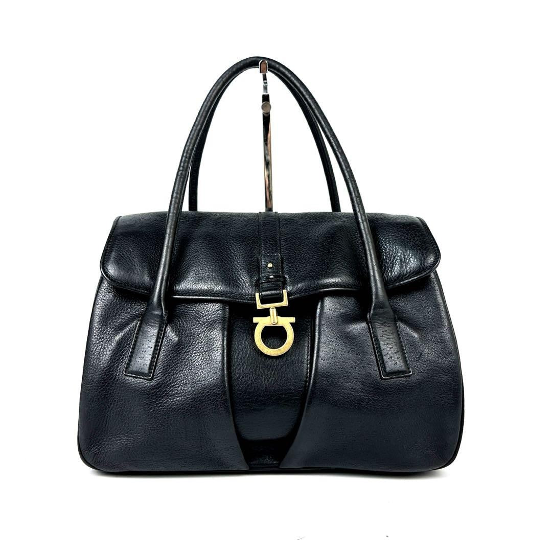 Salvatore Ferragamo Hand Bag Tote Purse Gancini Leather Black Authentic
