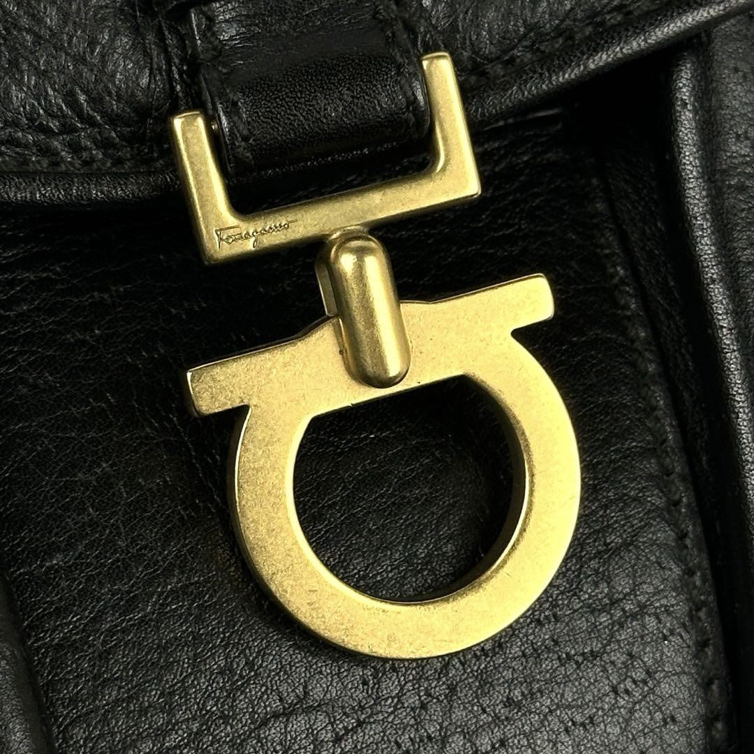 Salvatore Ferragamo Hand Bag Tote Purse Gancini Leather Black Authentic
