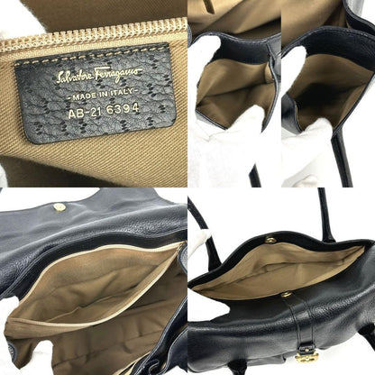 Salvatore Ferragamo Hand Bag Tote Purse Gancini Leather Black Authentic