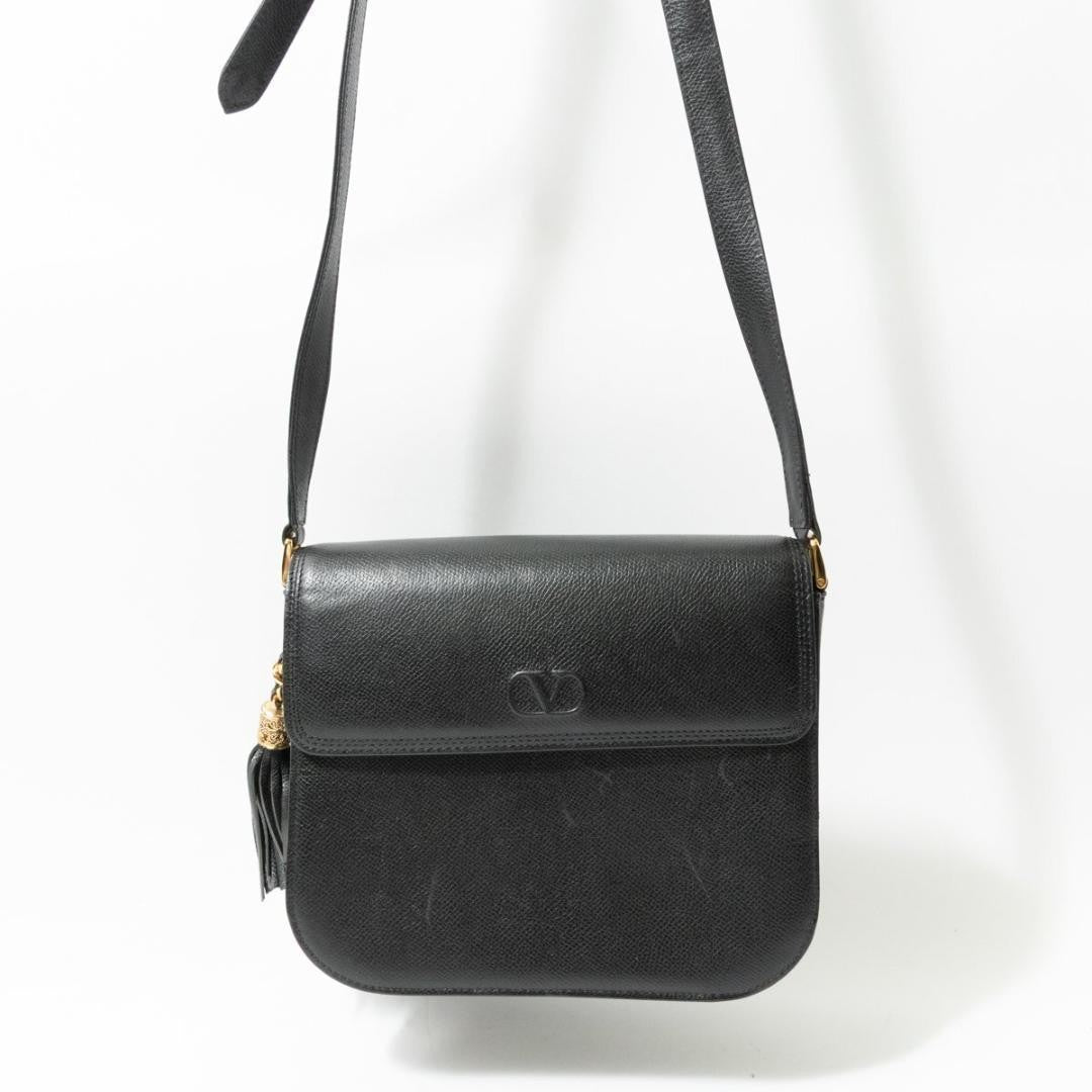 Valentino Garavani Shoulder Bag Purse Logo Leather Black Authentic