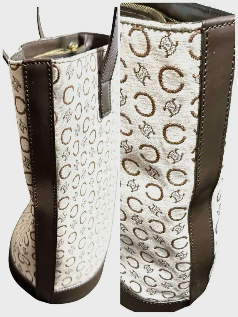 CELINE handbag Tote Purse C Blazon Canvas Leather Beige Dark Brown Used Women's