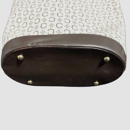 CELINE handbag Tote Purse C Blazon Canvas Leather Beige Dark Brown Used Women's