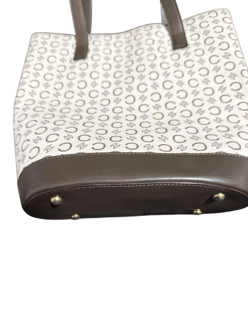CELINE handbag Tote Purse C Blazon Canvas Leather Beige Dark Brown Used Women's