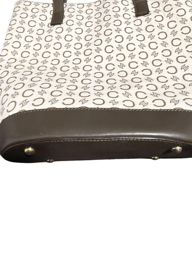 CELINE handbag Tote Purse C Blazon Canvas Leather Beige Dark Brown Used Women's