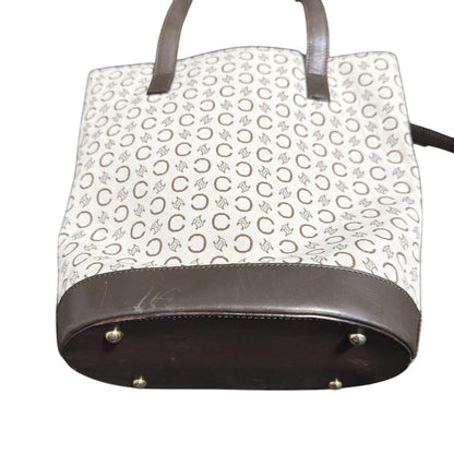 CELINE handbag Tote Purse C Blazon Canvas Leather Beige Dark Brown Used Women's