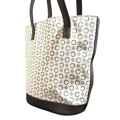 CELINE handbag Tote Purse C Blazon Canvas Leather Beige Dark Brown Used Women's