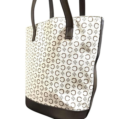 CELINE handbag Tote Purse C Blazon Canvas Leather Beige Dark Brown Used Women's