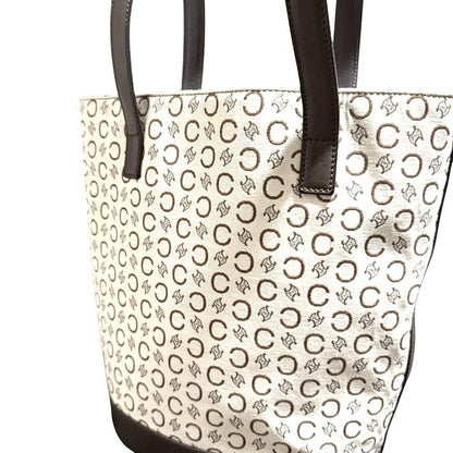 CELINE handbag Tote Purse C Blazon Canvas Leather Beige Dark Brown Used Women's