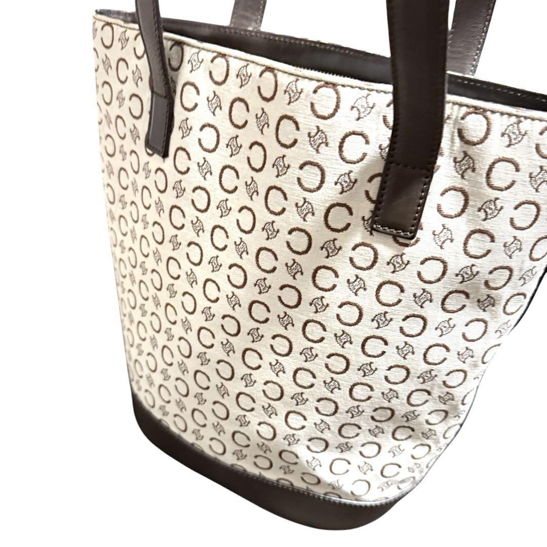 CELINE handbag Tote Purse C Blazon Canvas Leather Beige Dark Brown Used Women's