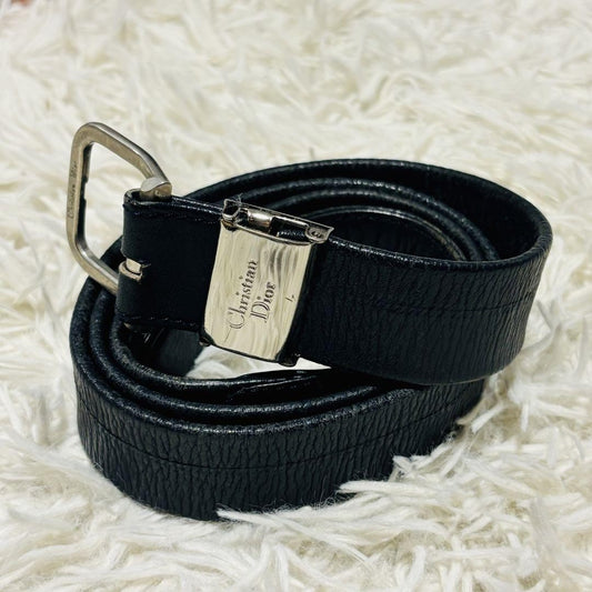 Christian Dior Men's Belt Leather Black Silver Authentic