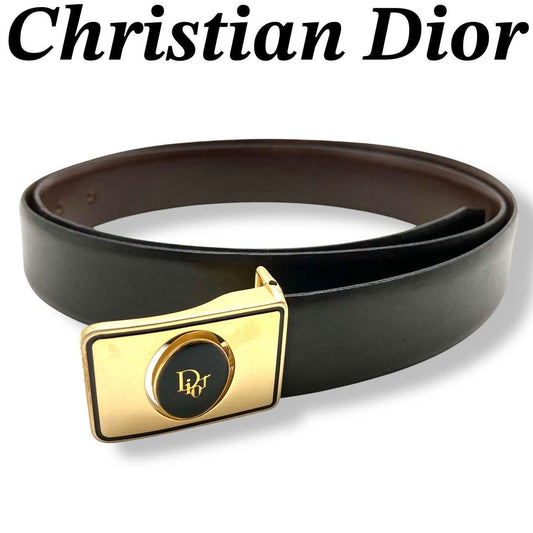 Christian Dior Men's Belt Logo Leather Black Gold Authentic
