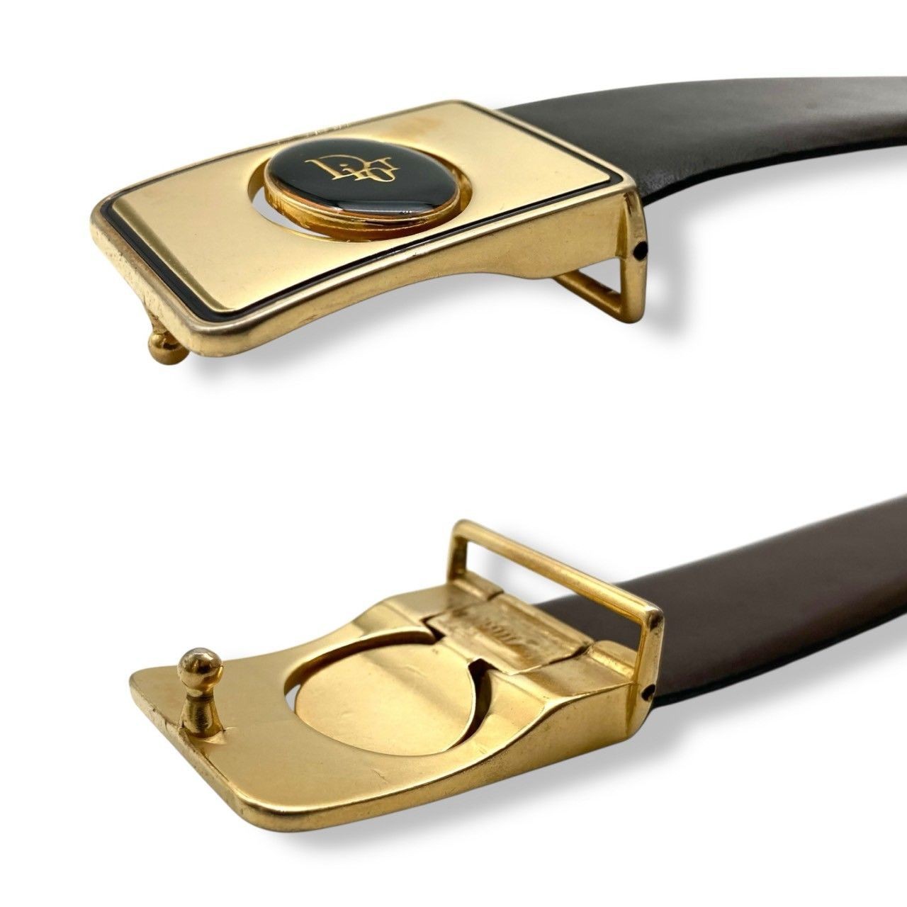 Christian Dior Men's Belt Logo Leather Black Gold Authentic