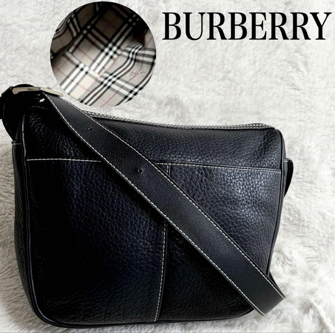 BURBERRY Shoulder Bag Purse Nova Check Leather Black Authentic