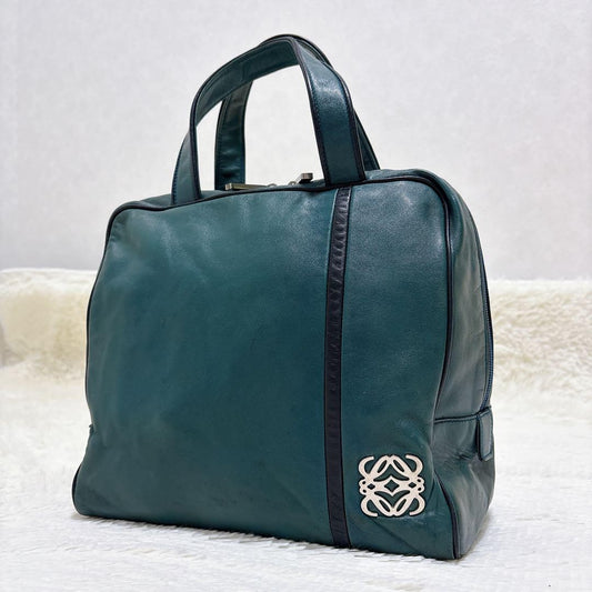 LOEWE Hand Bag Tote Purse Anagram Leather Green Authentic