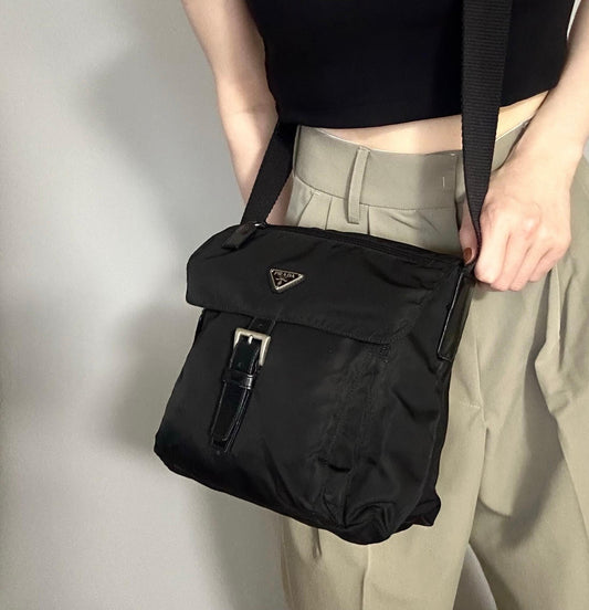 PRADA Bag Logo Shoulder Purse Nylon Leather Black Silver Used Authentic