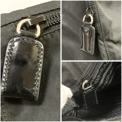 PRADA Bag Logo Shoulder Purse Nylon Leather Black Silver Used Authentic