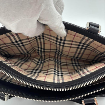 BURBERRY Hand Bag Tote Purse Nova Check Leather Black Authentic