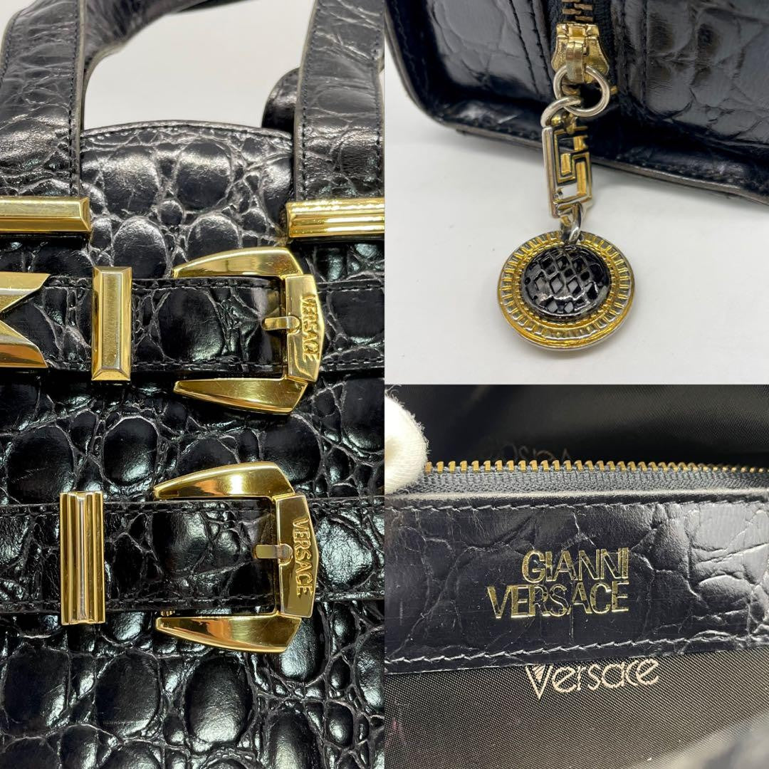 VERSACE Hand Bag Tote Purse Leather Black Authentic